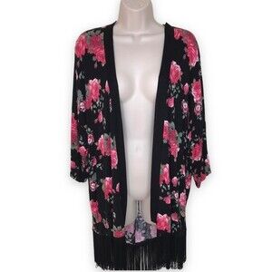 Sweet Rain Fringe Kimono Open Front Cardigan Ruana Floral Print Women Size Large